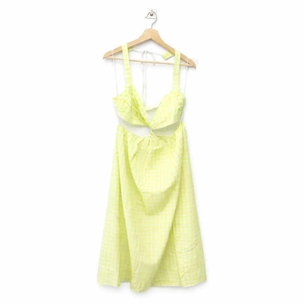NWT For Love & Lemons Maureen Midi‎ Dress Green Gingham Cutout Tie Back, Size L - Picture 3 of 10